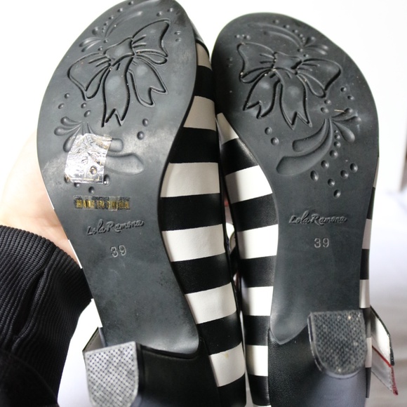 Lola Ramona Leather Heels Black White Red Stripes Ankle Straps Retro Women's 39 - Picture 8 of 10
